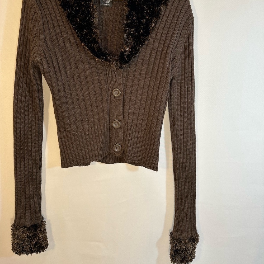 52 Weekends Sweater Cardigan Womens Size L Knit Fury Trim Collar Sleeve Stretchy - Picture 3 of 13